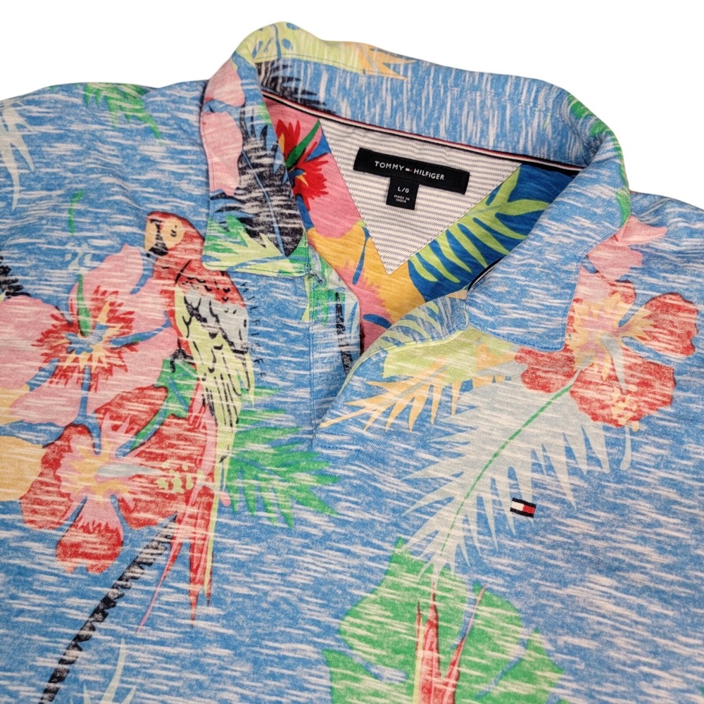 Tommy Hilfiger Polo Shirt Mens Large Tropical Parrot Blue EUC